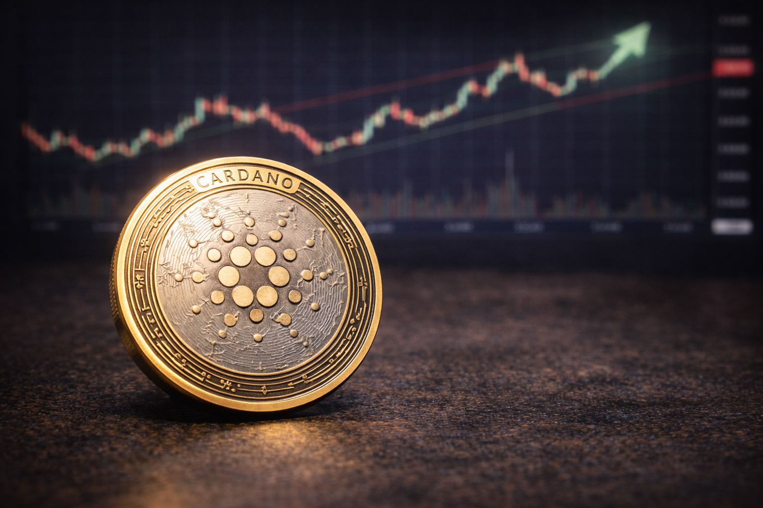 A Cardano (ADA) cryptocurrency token placed on a table with a blurred upward-trending market chart in the background.